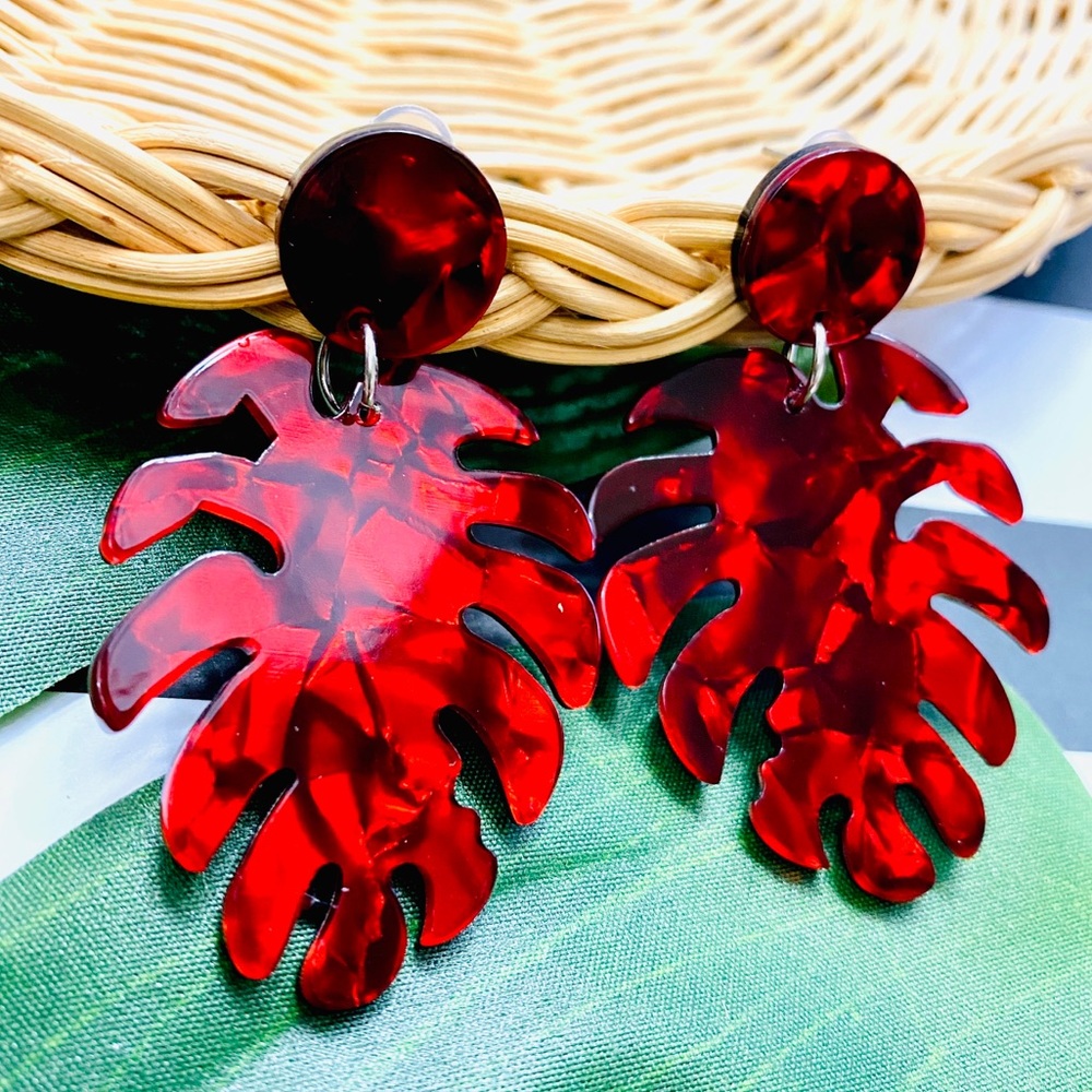 Red & Black Acrylic Leaf Drop Earrings - Picture 4 of 4